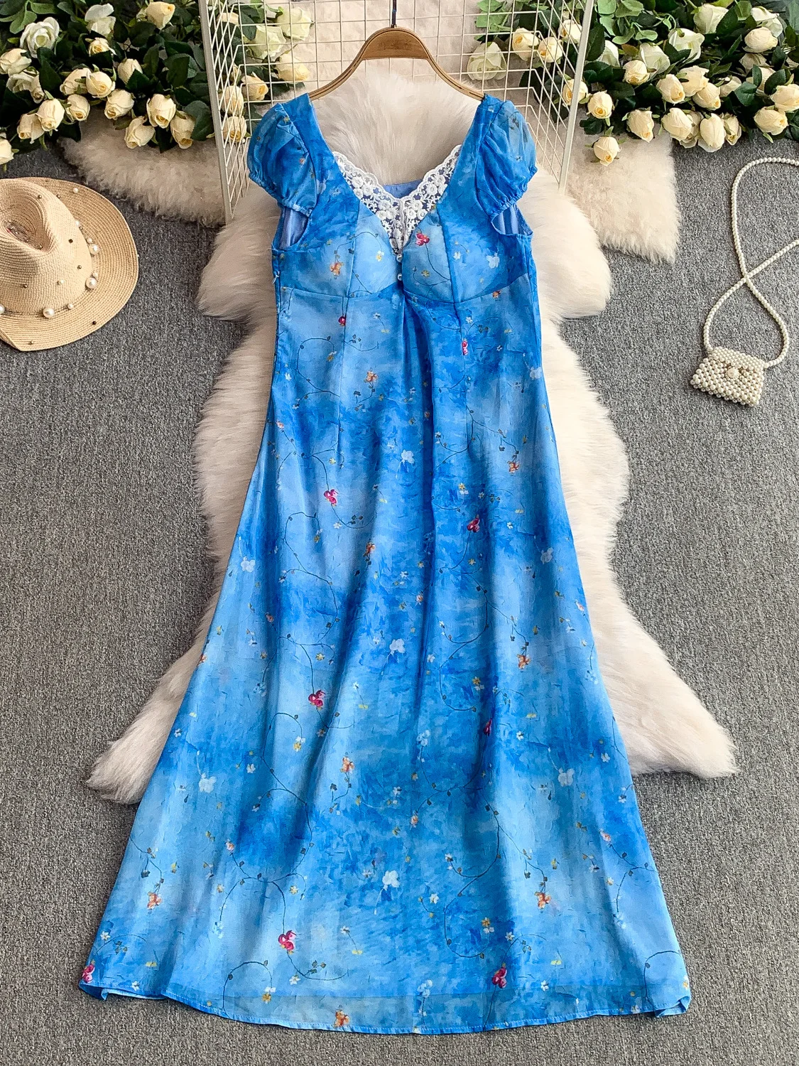 Summer Blue Floral Lace V-ne Bubble Sve Dr Women's Sweet A-line Midi Dr Korean Sle Commute High Waist Bubble Sle...