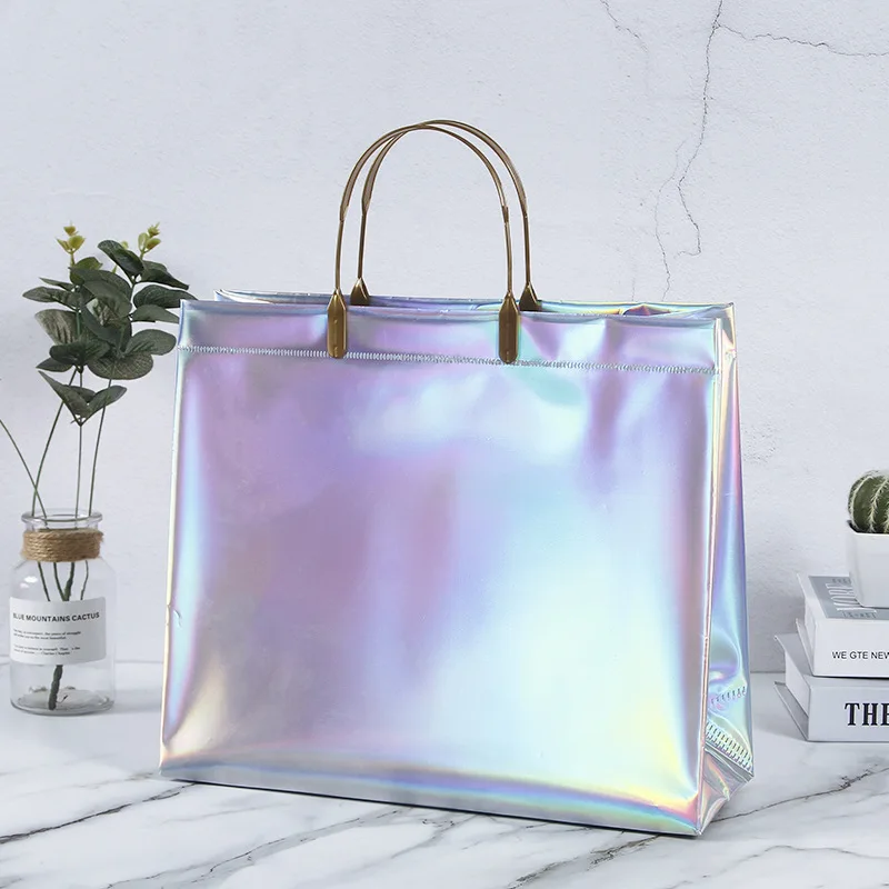 Bolso de mano de Pvc con láser de Metal, bolsa de regalo de alta calidad, bolsas de recuerdo de fiesta de boda con asa, bolsa de embalaje de ropa impermeable