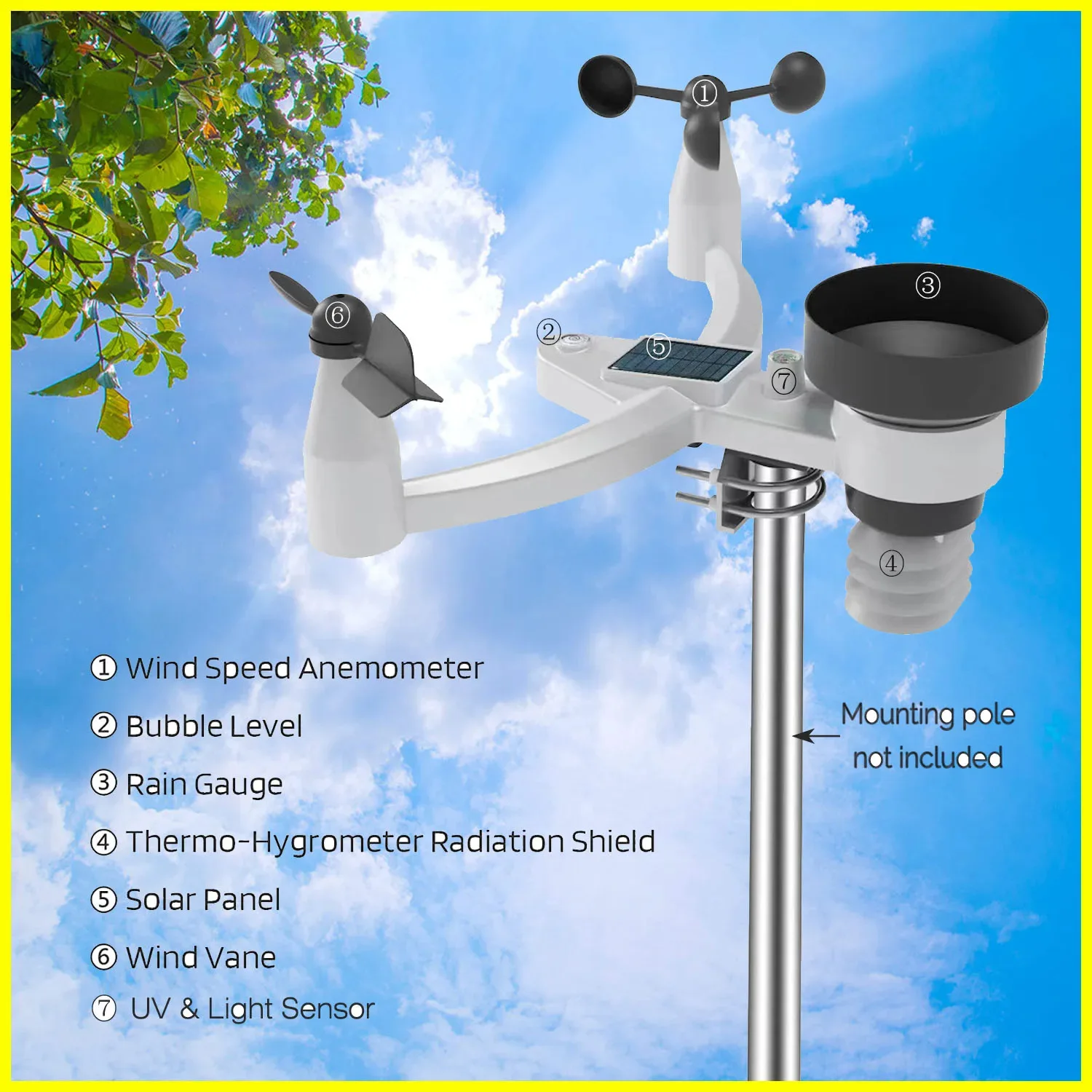 Professional WiFi Weather Station 7 in 1 Outdoor Wind Speed Multi-channel Humidity Monitoring Large Screen Real-time Warning