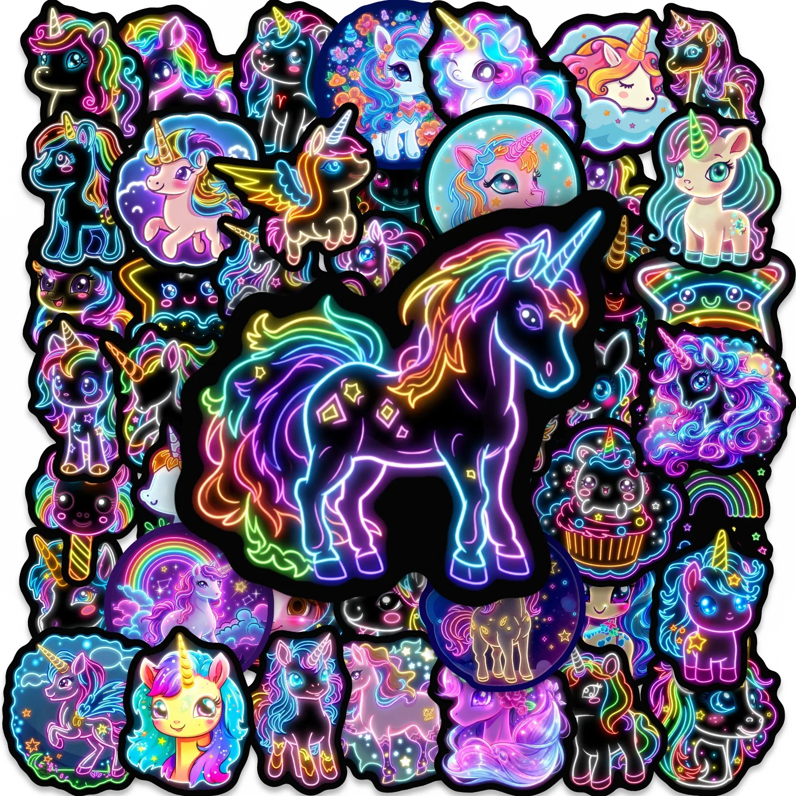 50 Stück Cartoon Neon-Stil Einhorn Regenbogen Pferd Aufkleber Buch DIY Skateboard Gepäck Koffer Dekoration Graffiti Sticker – Detail 2