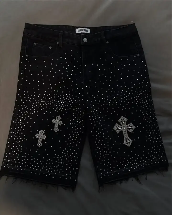 American Cross Rhinestone Denim Shorts Y2K Jeans Mens Harajuku Hip