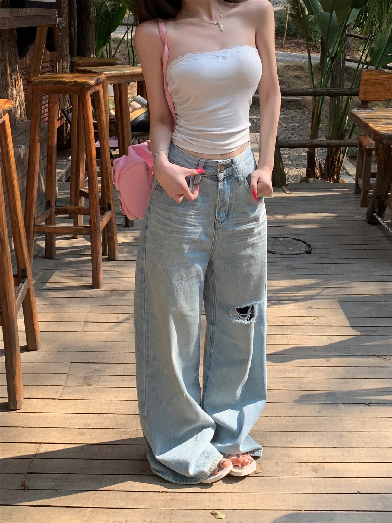 

Retro Blue Wash High Waist Distressed Denim Jeans Women's Loose Wide Leg Pants Straight Cut Floor Length Trousers