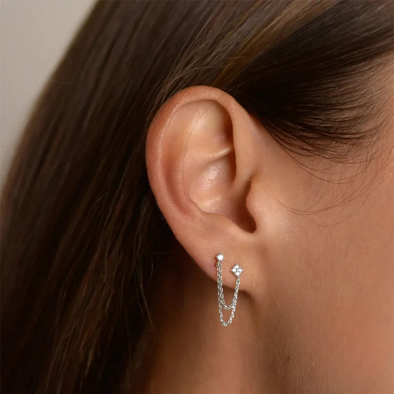 Lnngy 3mm&2mm Four Leaf Flower Moissanite Drop Earring For Women Girls Double Studs Chain Tassel Piercing Earrings Jewelry Gift