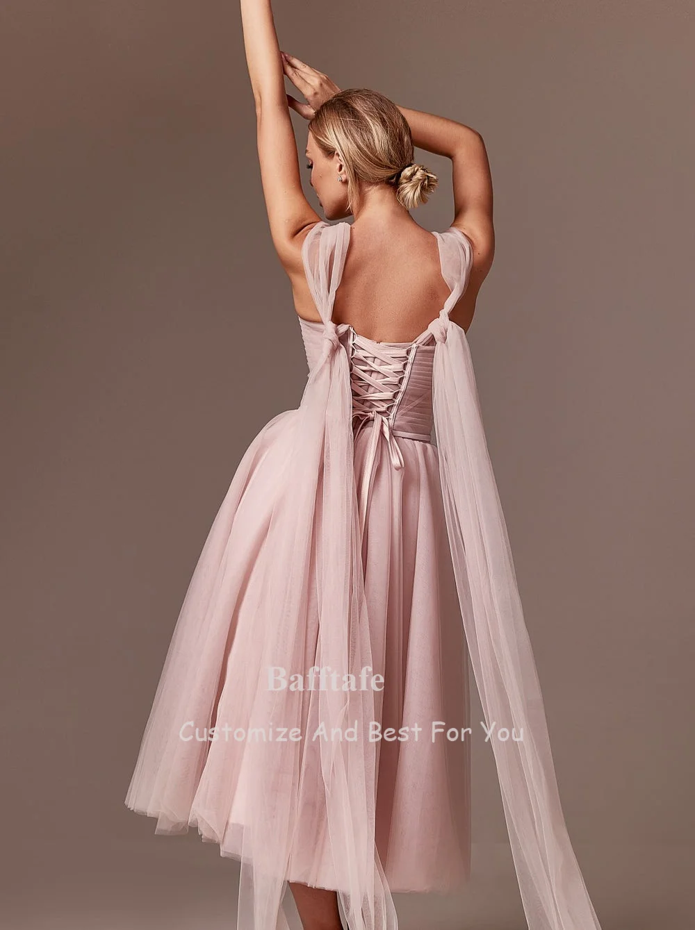 Bafftafe A Line Tea-Length Midi Prom Dresses Transpant Top Pleated Corset Back Evening Gowns Customized Women Formal Party Dress