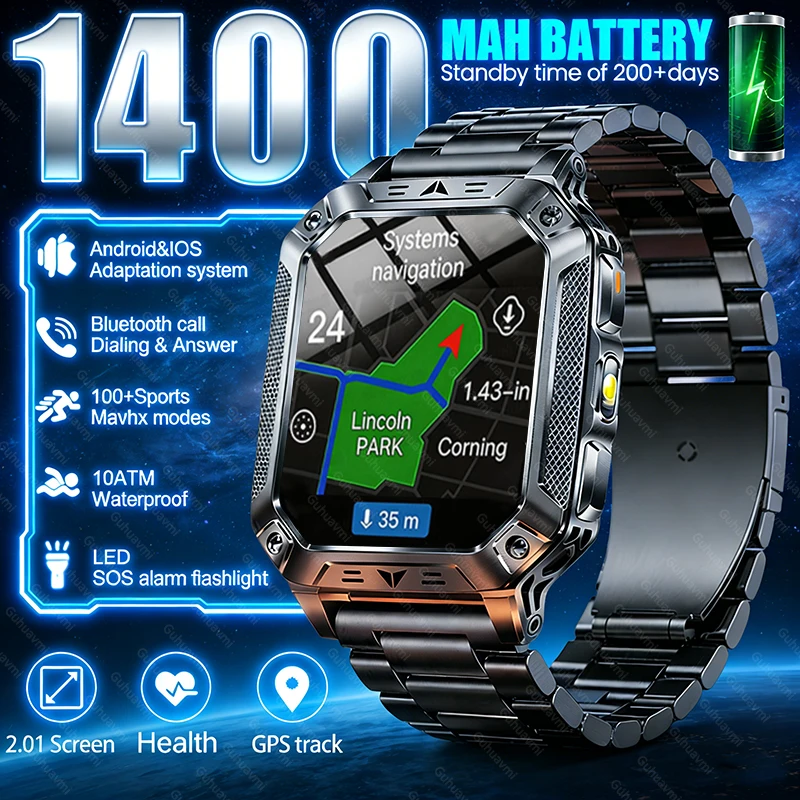 

Новые смарт-часы 2026 года с аккумулятором 1400 мАч, GPS-трекером, Bluetooth-звонками, водонепроницаемостью 10ATM для плавания, спорта, бега, туризма, активного отдыха и военных задач