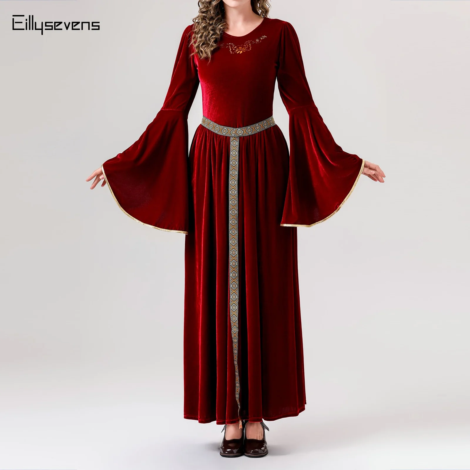 Women Medieval Renaissance Dress Velvet Long Flare Sleeve Vintage Princess Costumes For Halloween Carnival Party Dress Up