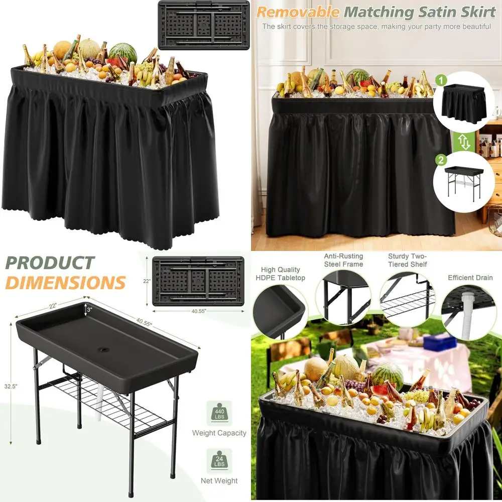 طاولة تبريد ثلج محمولة قابلة للطي مع تنورة متطابقة وخرطوم تصريف للحفلات الخارجية والشواء #1