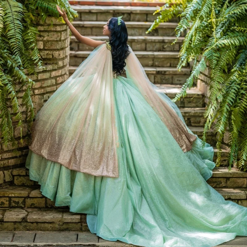 Sage Green Shiny Princess Quinceanera Dresses Off Shoulder Lace Beads Tull Corset With Cape Sweet 16 Dress Ball Gown Vestidos 15