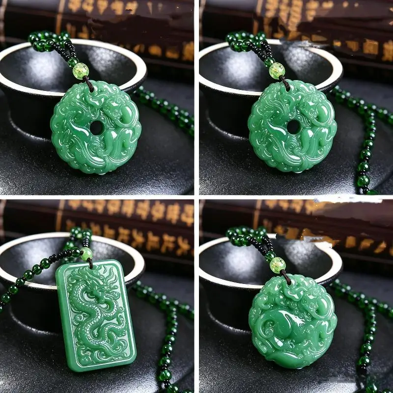 Green Glaze Jadelike Pendant Necklace Hand Carved Auspicious Motif Polished Chain for Housewarming Gift for New Home Owner