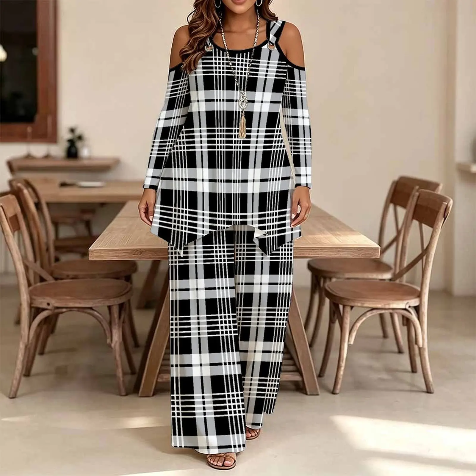 Plus Size Printed Trousers Elegant Pants Autumn Long-sleeved Winter Two-piece Set Off-the-shoulder T-shirt Women's Irregular Top
