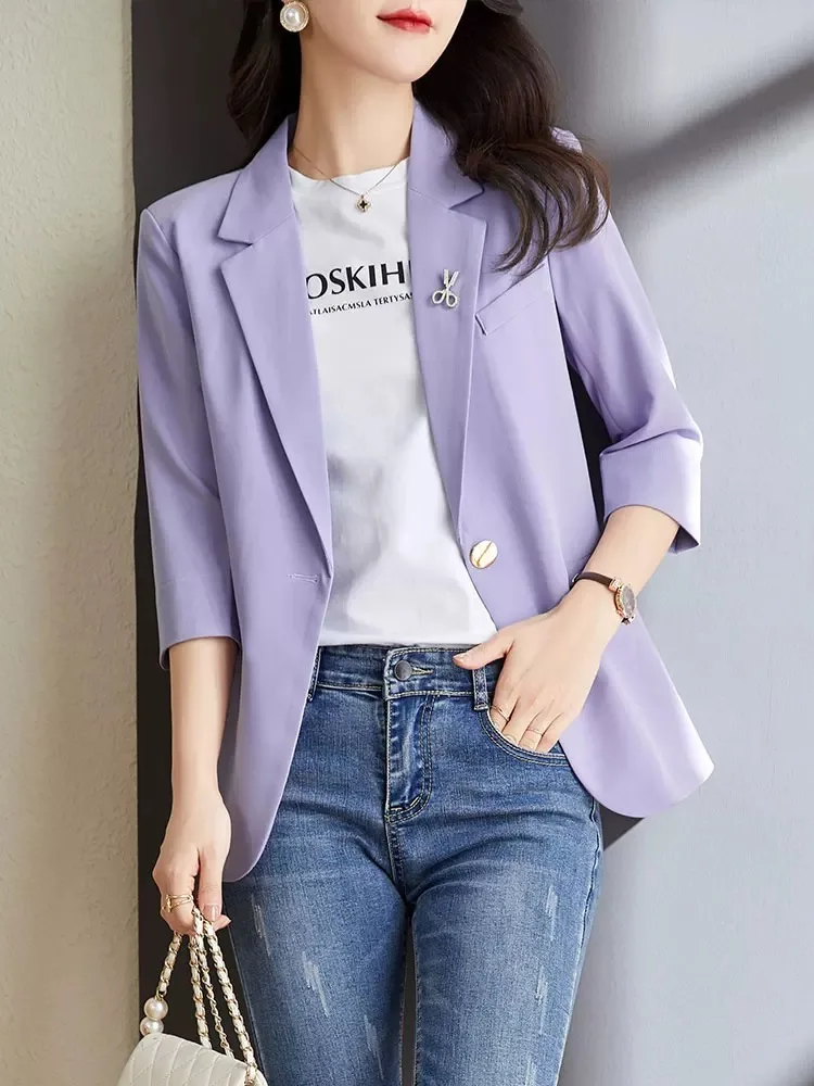 

Purple Petite Suit Jacket for Women 2024 New Summer Thin Chic Design Niche Seven-Quarter Sleeve Casual Petite Suit Female Lady