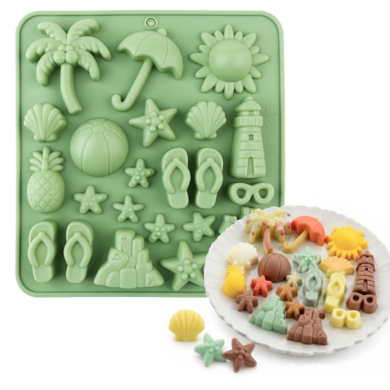 Beach Party Themed Silicone Molds, Available in a Variety of Shapes Including Trees, Flip-Flops, Castles, Starfish, Etc., to Unlock New Summer Baking Experiences, and Can Be Used for Baking Cakes, Chocolates, Ice Cubes, Etc