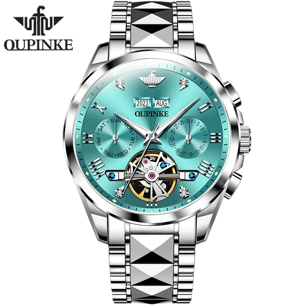 OUPINKE Business Tourbillon Mechanical Watch for Men Luxury Steel Waterproof Luminous Date Automatic Watches Reloj Hombre