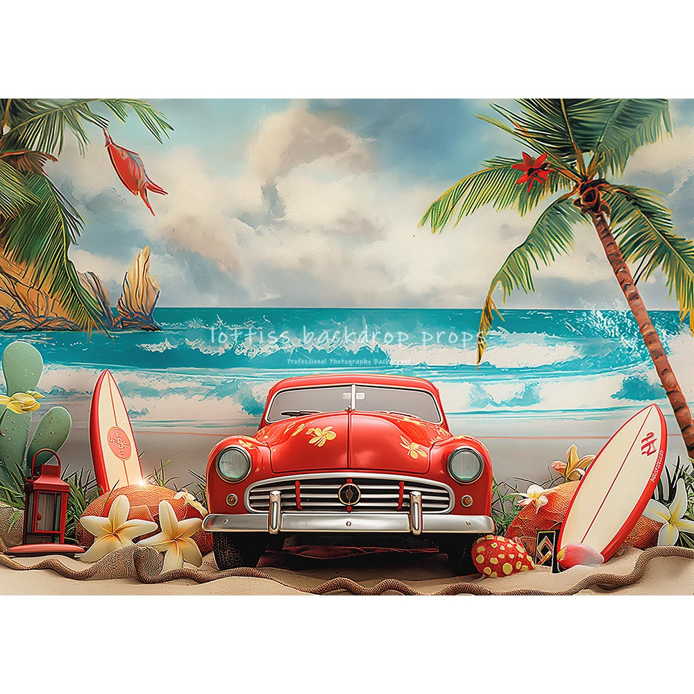 Summer Beachside Car Surfboard Backdrops Kids Baby Birthday Cake Smash Photocall Decors Child Adult Photo Palm Trees Backgrounds