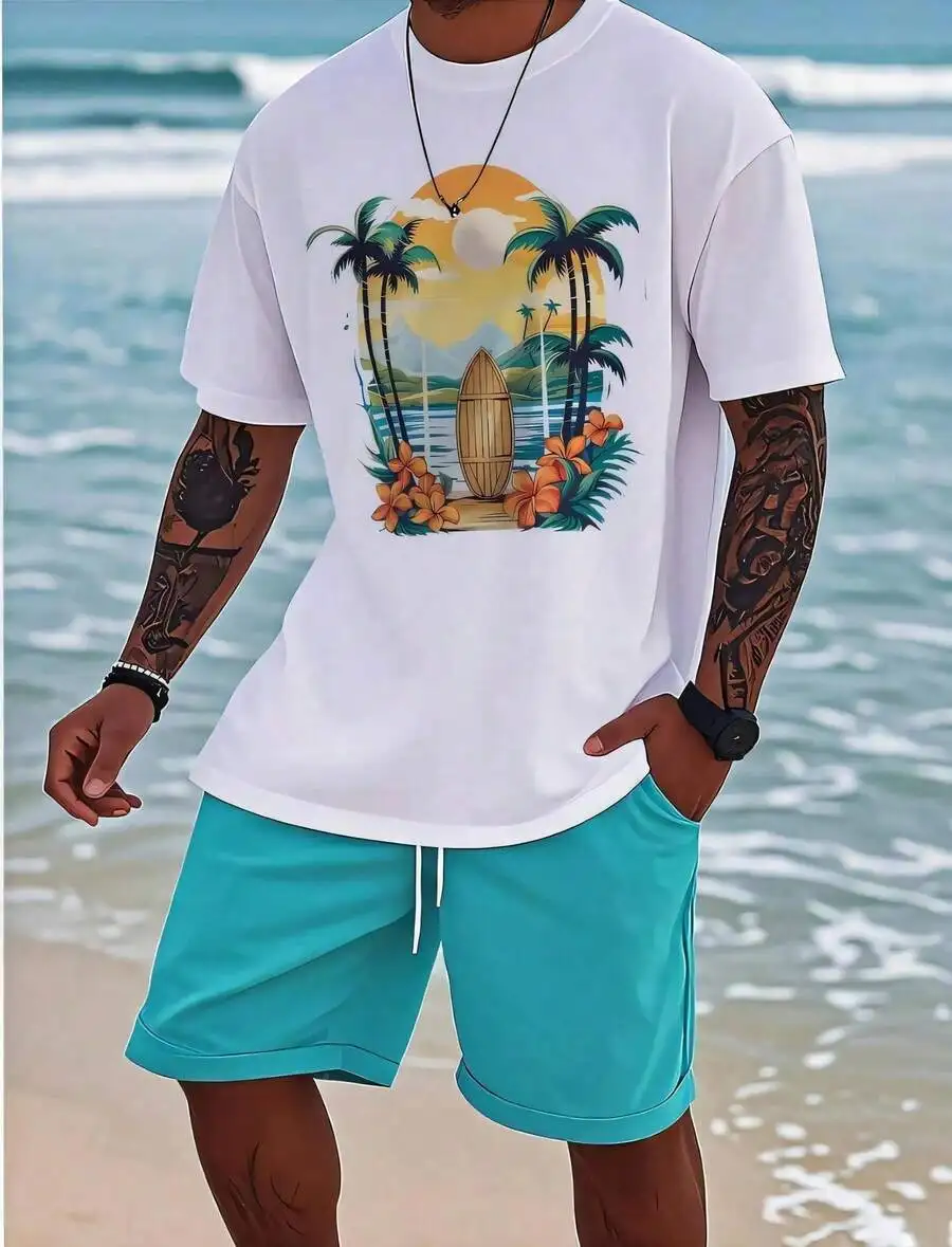 1pc Man S' Tropical Beach Surfboard Print Black TShirt Crew Neck Casual Cotton Tee Medium Stretch Knit Fabric Regular Fit For Bo