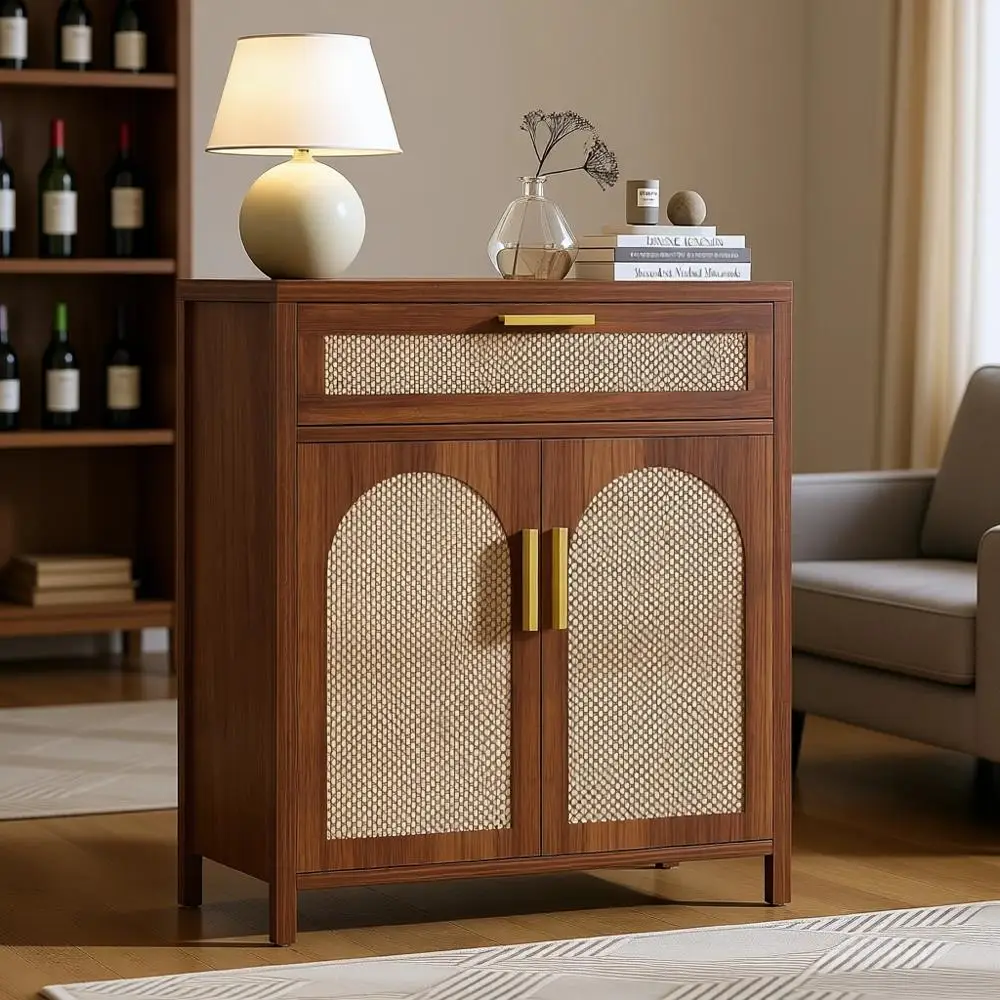 

Walnut Storage Cabinet with Sideboard, Shelves, and Coffee Bar for Living Room