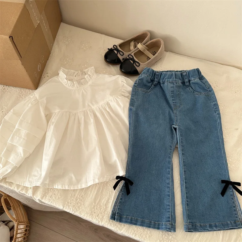 Children's Sweet and Western Cowboy Bow Pants Spring New Product Girls' Micro Elastic Cowboy Bellbottom Pants
