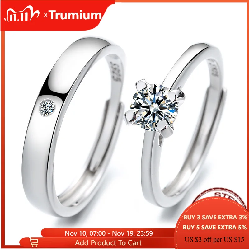 

Trumium 925 Sterling Silver Couple Ring Dazzling Zircon Adjustable Lover Finger Rings Engagement Wedding Bands Anniversary gift