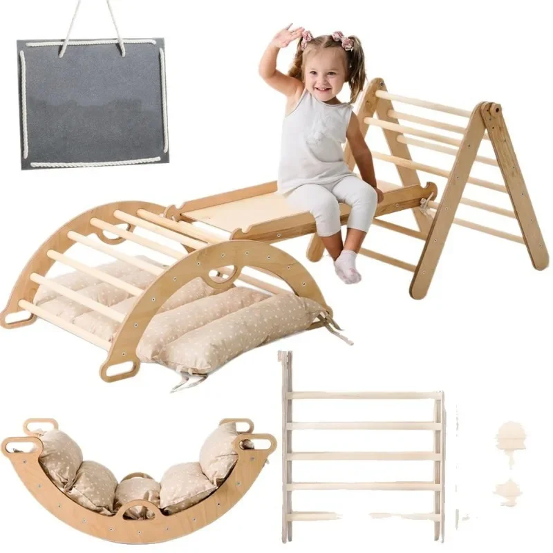 Children's indoor solid wood climbing frame three-piece indoor playground climbing toy solid wood color with slide
