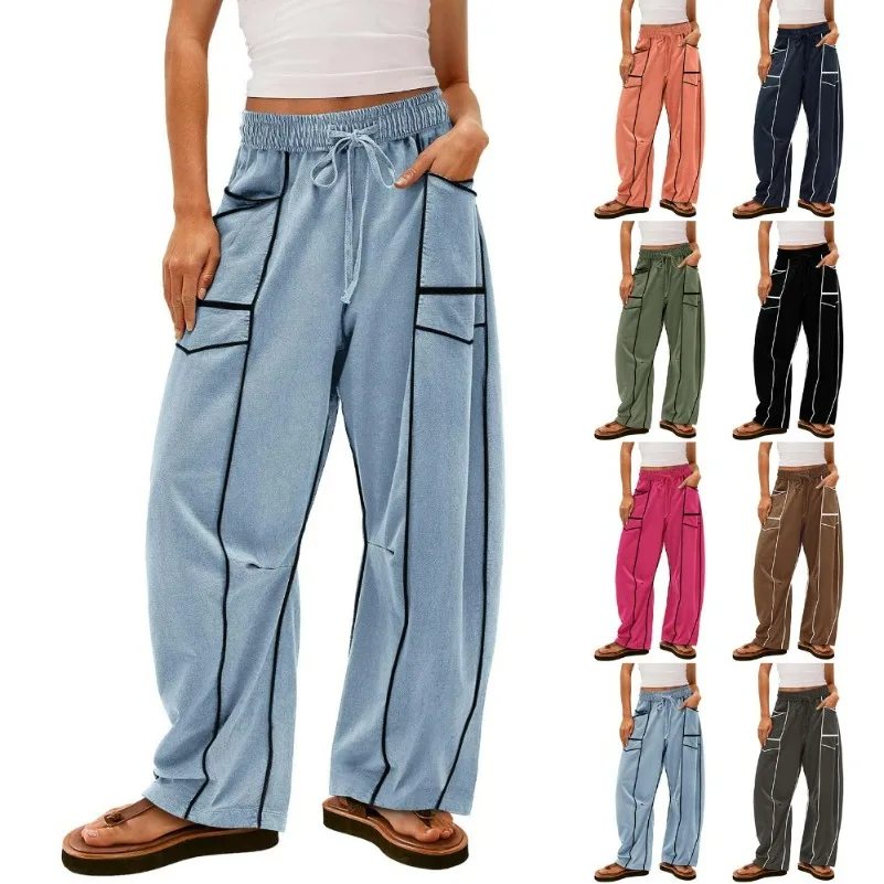 

Summer Women's Casual Pants Loose Wide-leg Sports Pants Casual Solid Color Drawstring Waist Casual Pants Jogging Sportswear