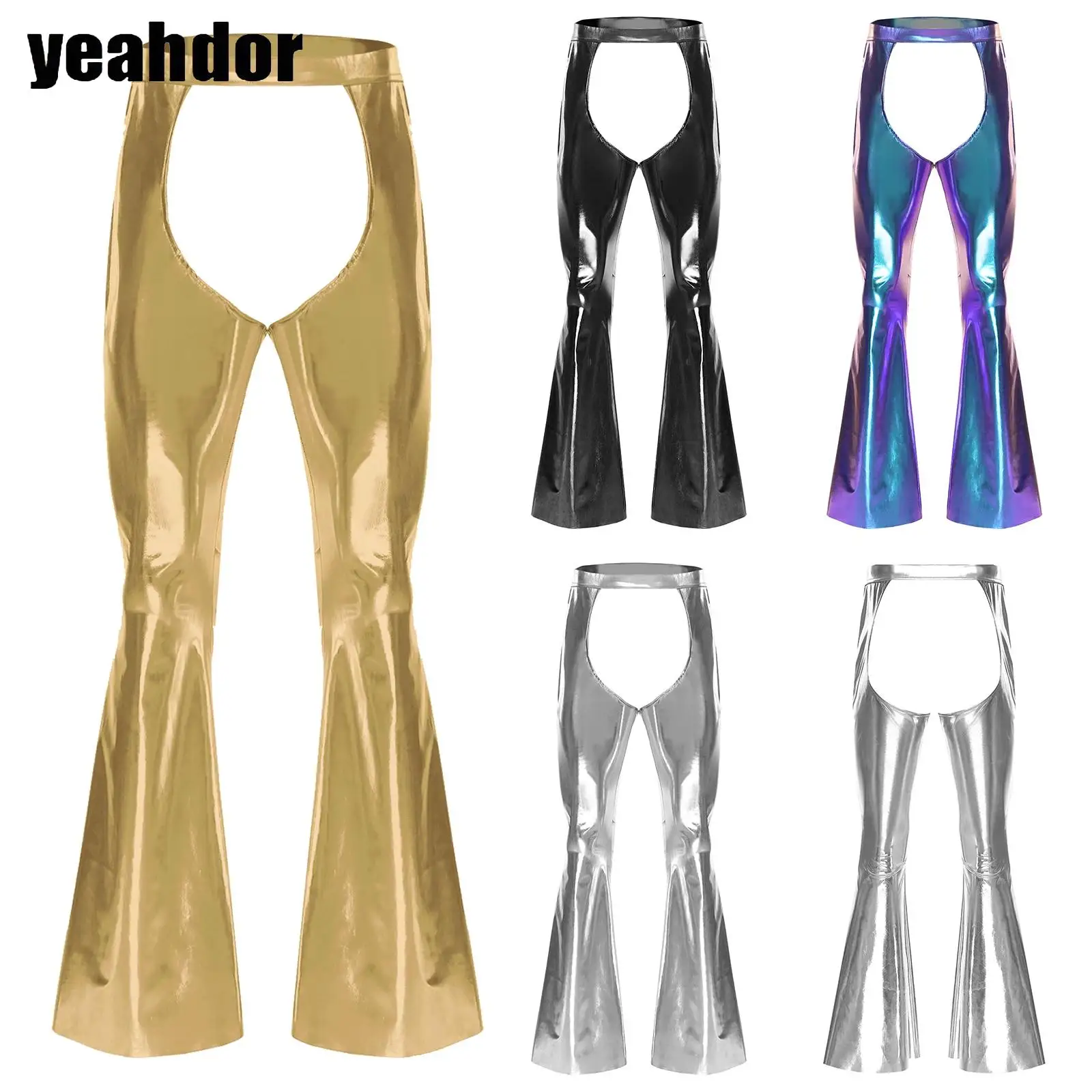 

Men Open Crotch Metallic Chaps Disco Dance Flared Pants Elastic Waistband Bell-Bottom Trousers Carnivals Nightclub Rave Parties
