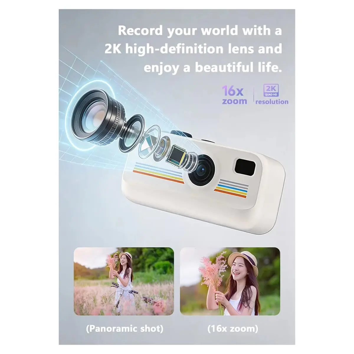 giftnew 16x Zoom 2K HD Mini Digital Camera Retro CCD 32G Portable Vlogging Keychain Camera Student-Friendly with Flash Orange