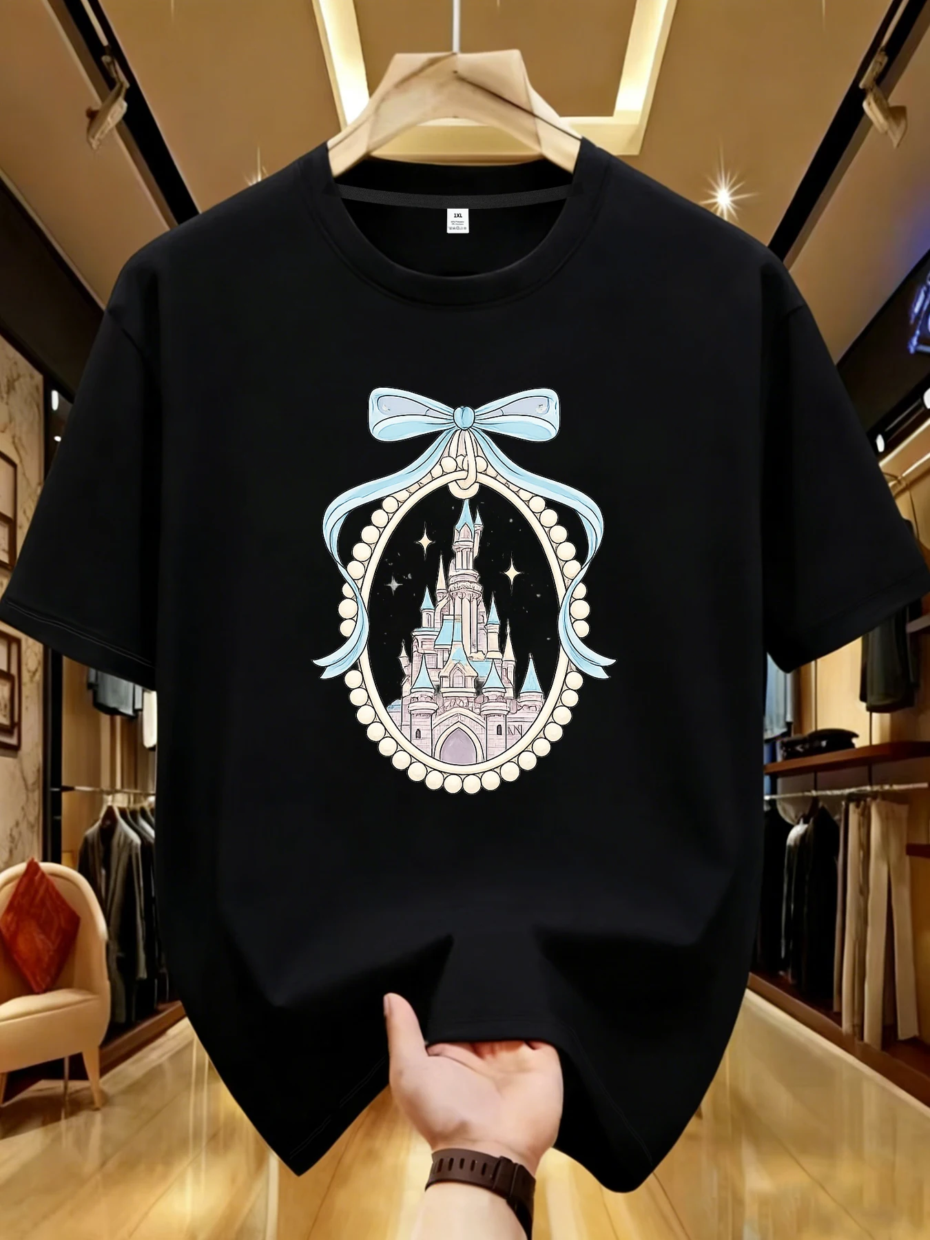 

【WDS01531】Castle print plus size women's round neck T-shirt summer casual street fashion women's Joker short sleeve T-shirt
