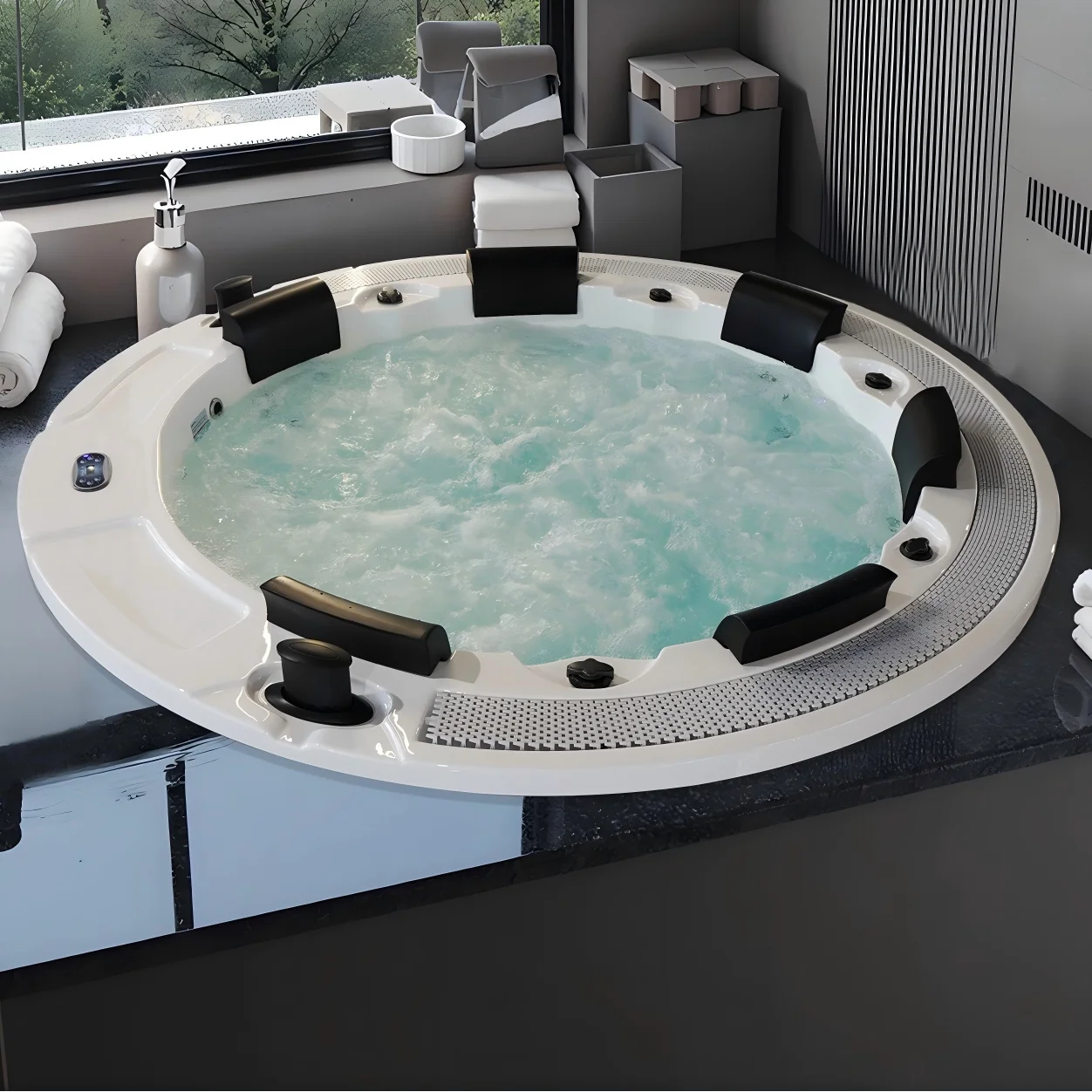 Outdoor Hot Tub with 10 Stainless Steel Jets, Acrylic Heated Massage Spa, 2450x2450x980mm 6 Person Freestanding Spa Tub, Villa view 3