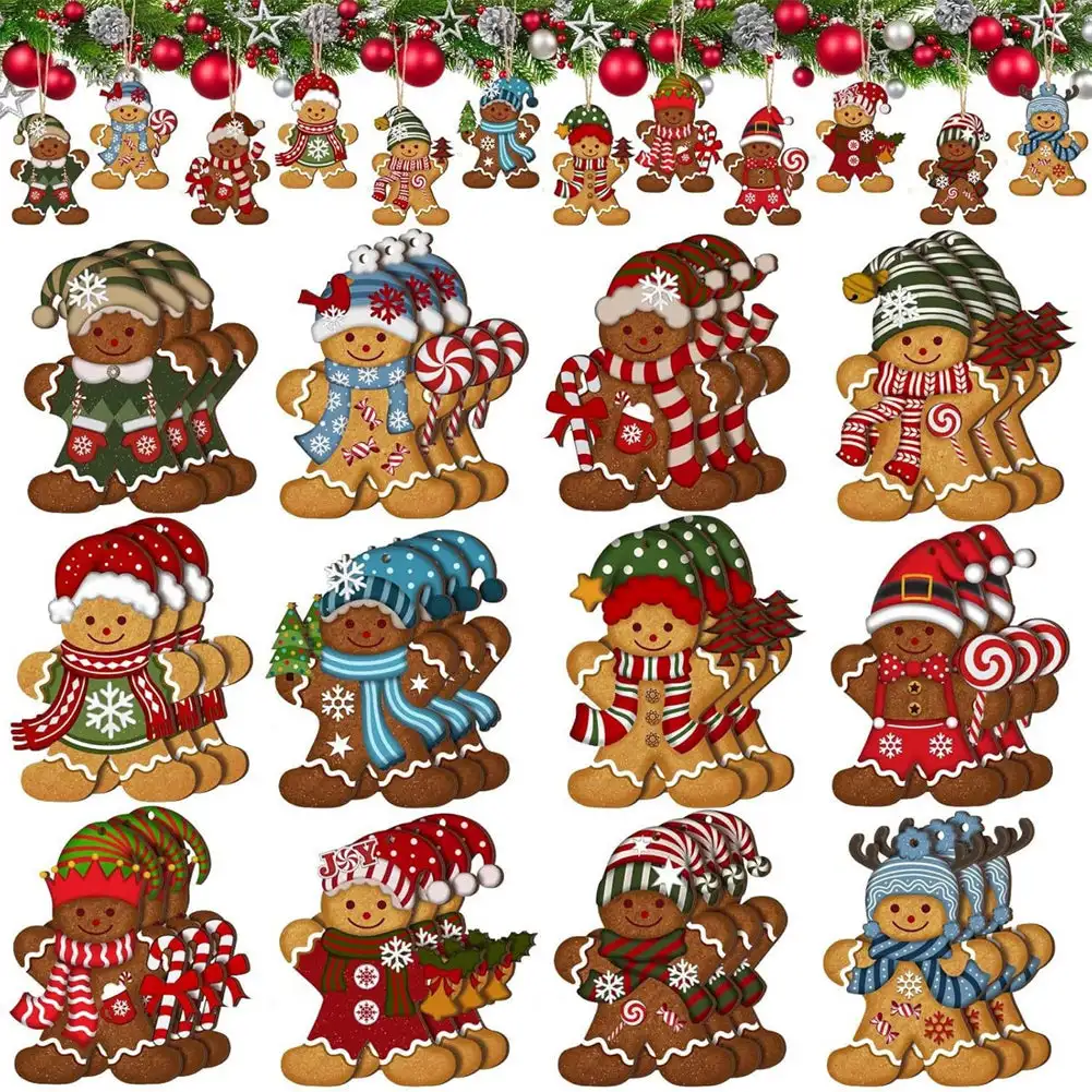 12pcs/set Gingerbread Man Ornaments Christmas Tree Wooden Hanging Decorations Pendants Cute Cartoon Xmas DIY Hangings Home Decor