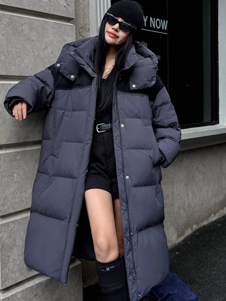 2025 hiver longue doudoune femme Parkas à capuche épissé épaissir chaud lâche pardessus femmes 90% blanc canard bouffant manteau vêtements d'extérieur