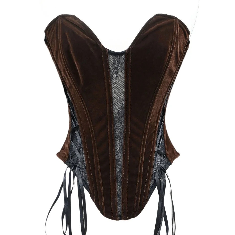 

Women Tight Corset Crops Bustier Overbust Velvet Mesh Lace Up Elegant Bodices Strapless Shapewear Slimm Waist Boned Tube Tops