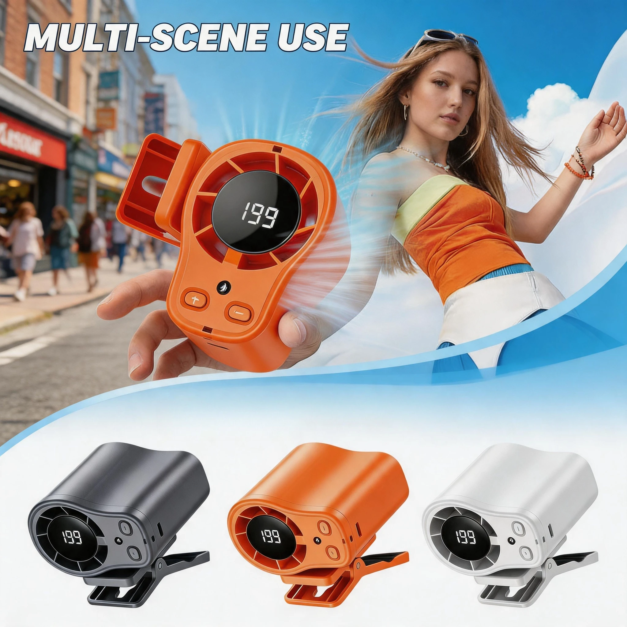 

USB Rechargeable Semiconductor Cooling Car Fan Clip on Portable Desk Fan LED Display 360 Rotation Quiet 4 Speeds for Car Camping