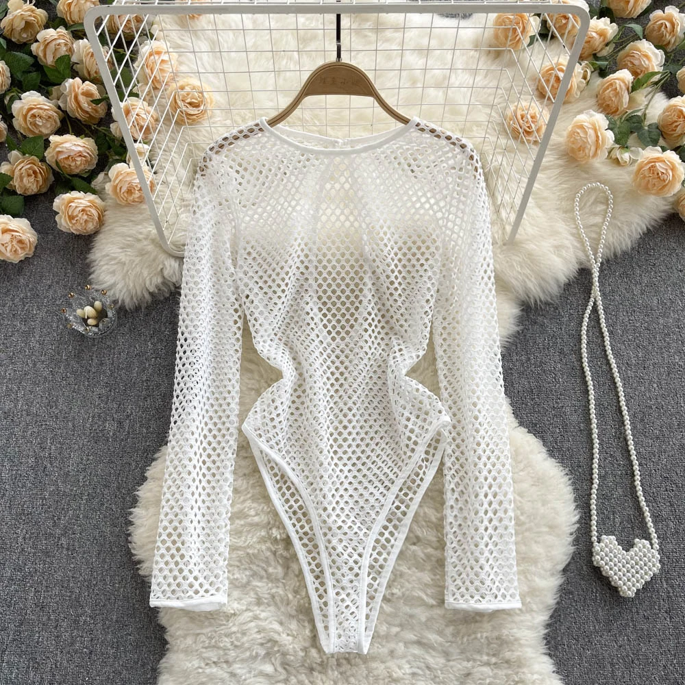 

Sexy Lace Hollow out Long Sve round Ne Bodysuit for Trendy Girls White See tough Me Commute Sle Single Piece Summe...