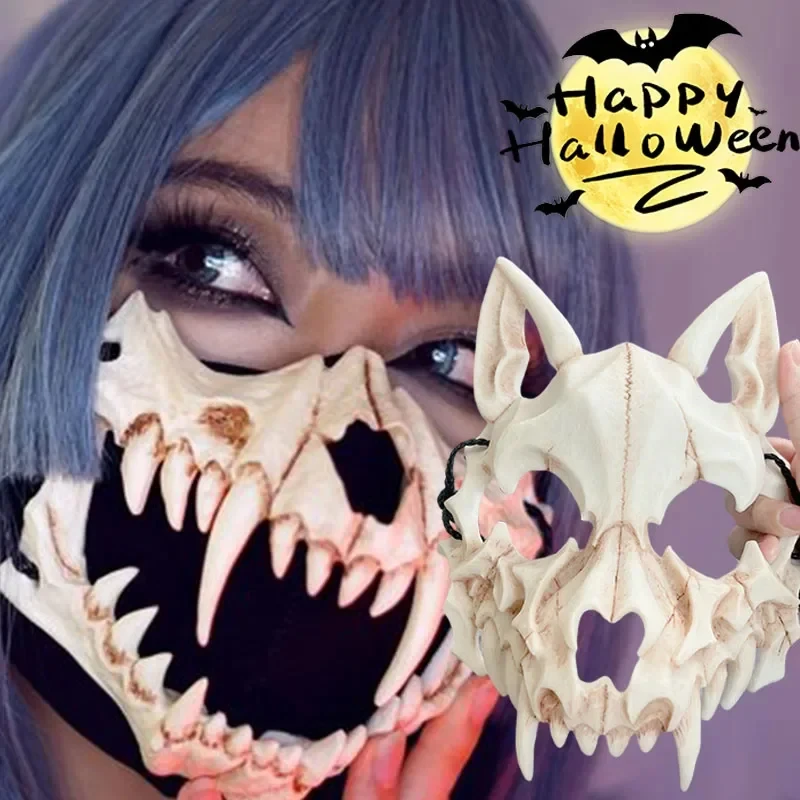 

2024 New Halloween Mask Half-face Mask Cos Dragon God Fierce Tiger Night Fork Tengu Man Wolf Mask Performance Skull Masks