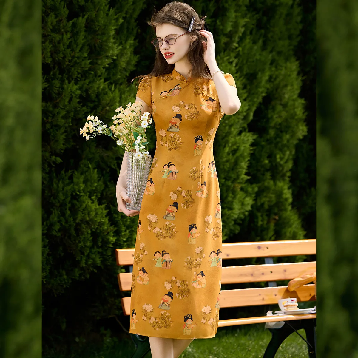 

LOUIS YAO New Chinese Style Tailored Dress 2026 Summer Fun Print Stand Collar Short Sleeve Slim-fit Cheongsam Women's Dress