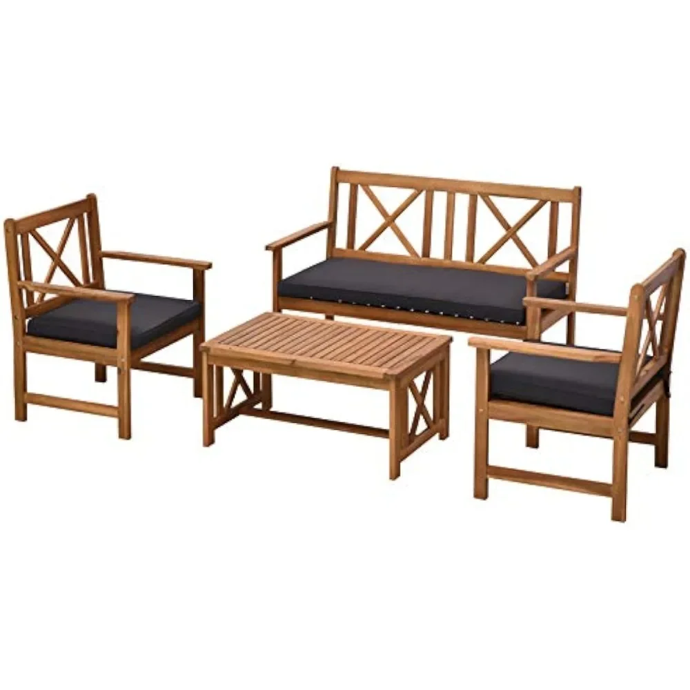 4 Piece Acacia Wood Outdoor Patio Furniture Set with 2 Armchairs, 1 Sofa, & 1 Coffee Table, Cushions Included