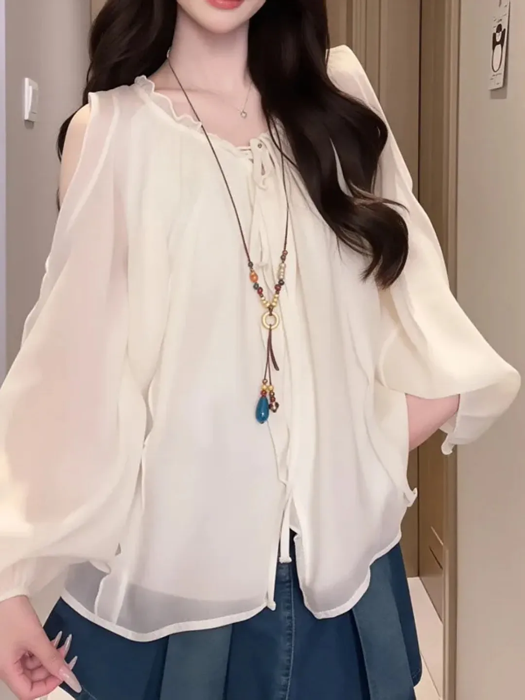 

plus Size Fashionable Versatile Belted Shoulder Bared Long Sleeve Sun Protection Shirt Summer Vacation Loose Slimming Top
