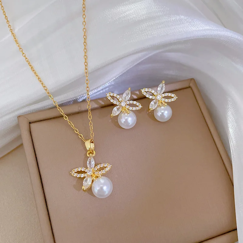 Micro-inlaid Stainless Steel Charm Flower Necklace Earrings Fashion Gorgeous Pearl Temperament Girl Accessories Set