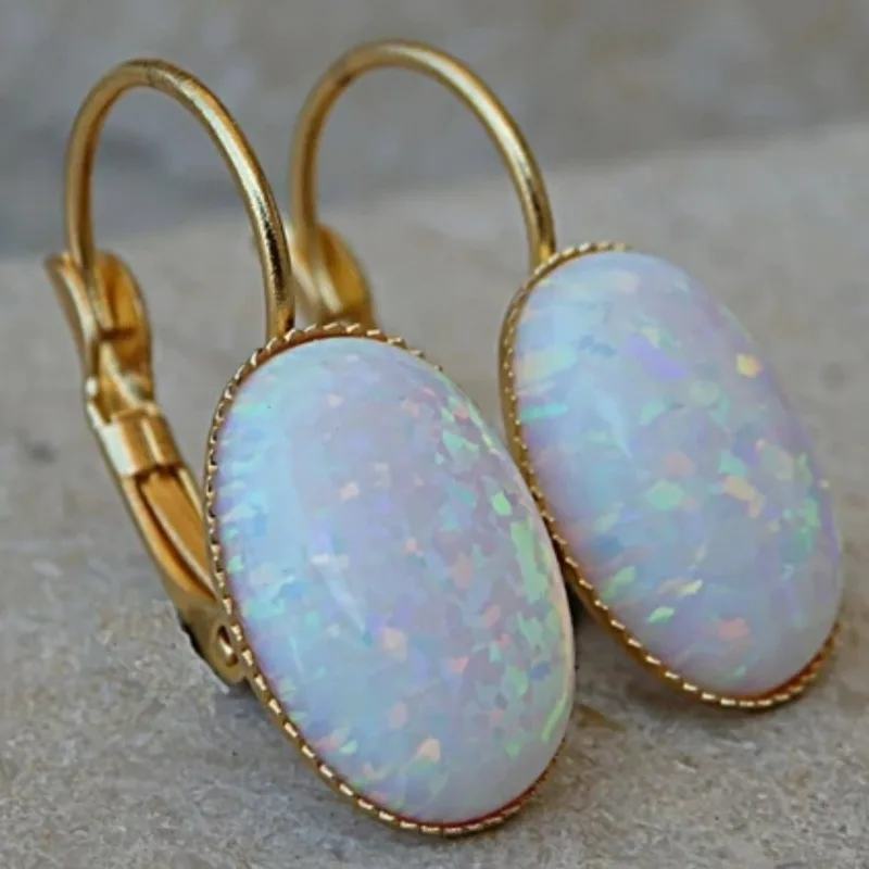 Bridal Oval White Fire Opal Earrings for Bride Earrings Cute October Birthstone Leverback Gold Color Earrings Jewelry