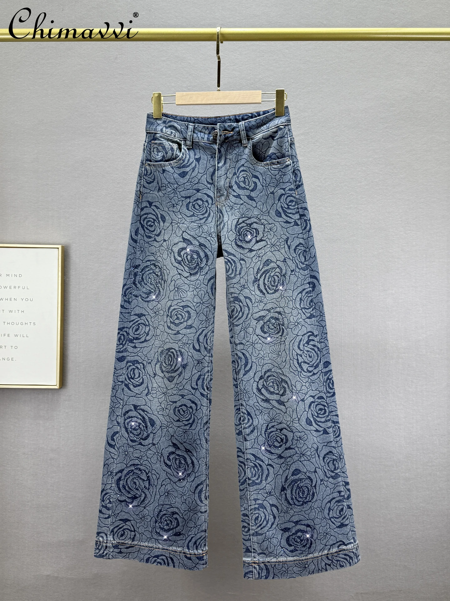 

Fashion Printed Rhinestone Denim Wide-Leg Pants Women 2025 Autumn New High-Waisted Loose Slim European Floor-Length Jeans