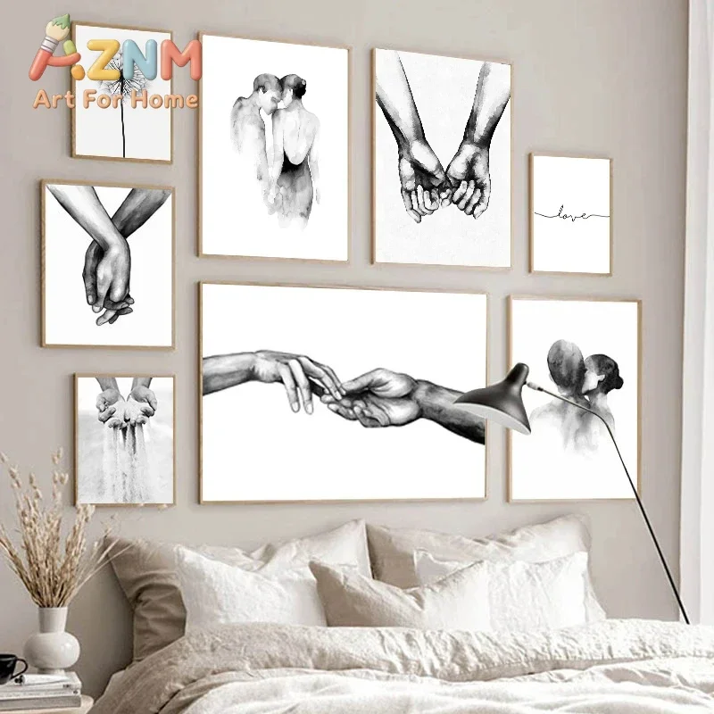 Nordic Black White Kiss Hand Picture Wall Art Canvas Printing Minimalist Abstract Poster Love Quotes Painting Home Decor