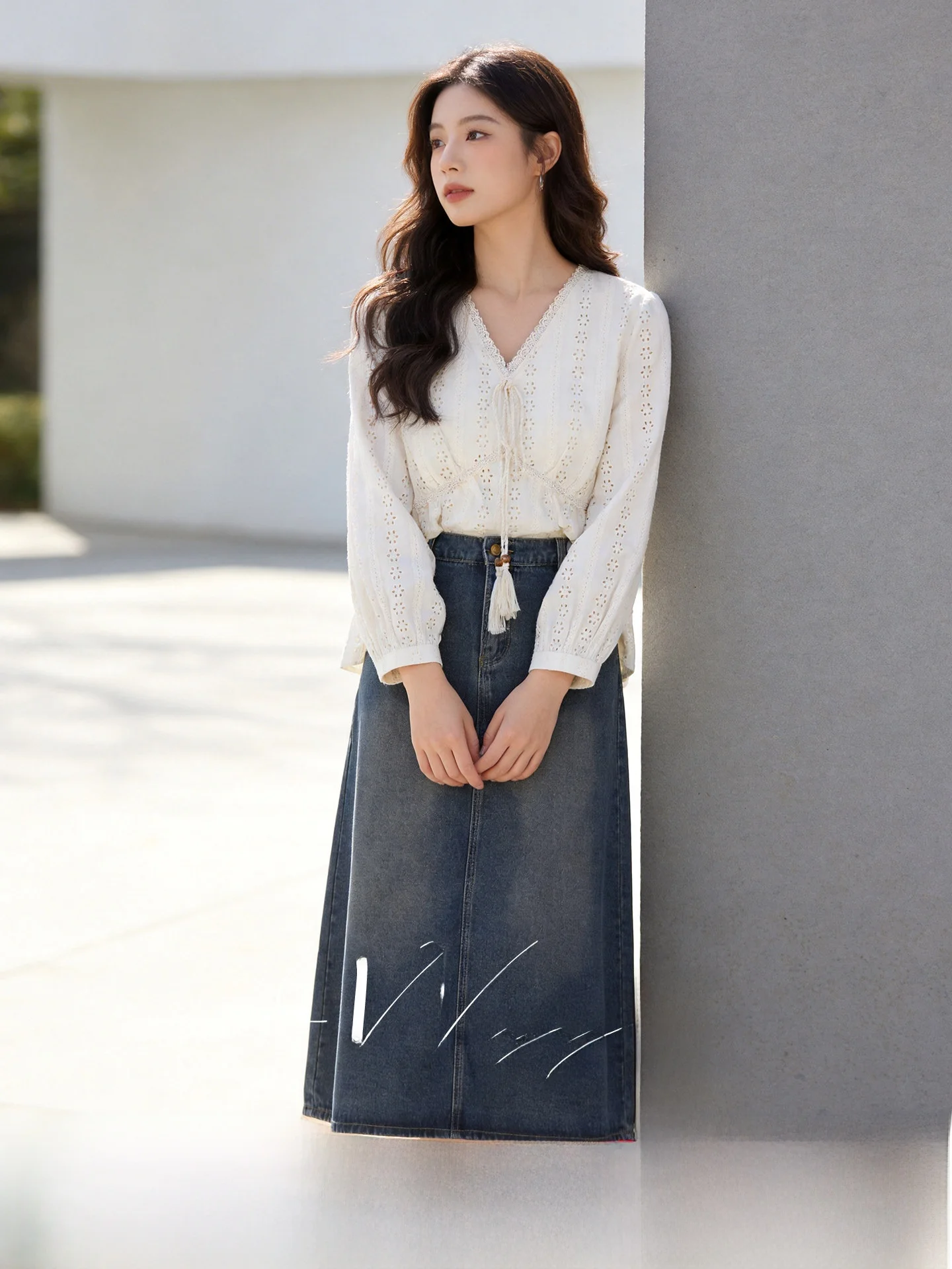 

plus Size Women's Faion Set Spring 2026 V-Ne Long Sve Top Denim Skirt Comfortable Cotton High Waist A-Line Skirt