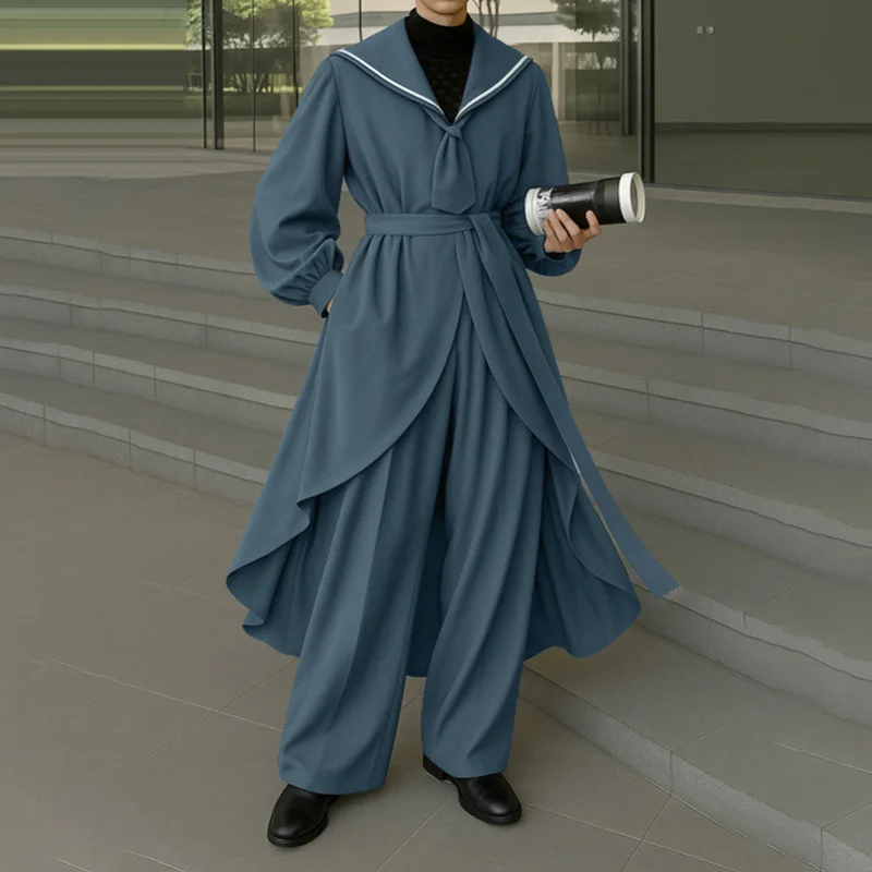 

INCERUN Мужские комплекты Лоскутный темно-синий воротник с длинным рукавом Длинная стильная рубашка и брюки Комплекты из двух предметов Уличная одежда Свободные модные мужские костюмы