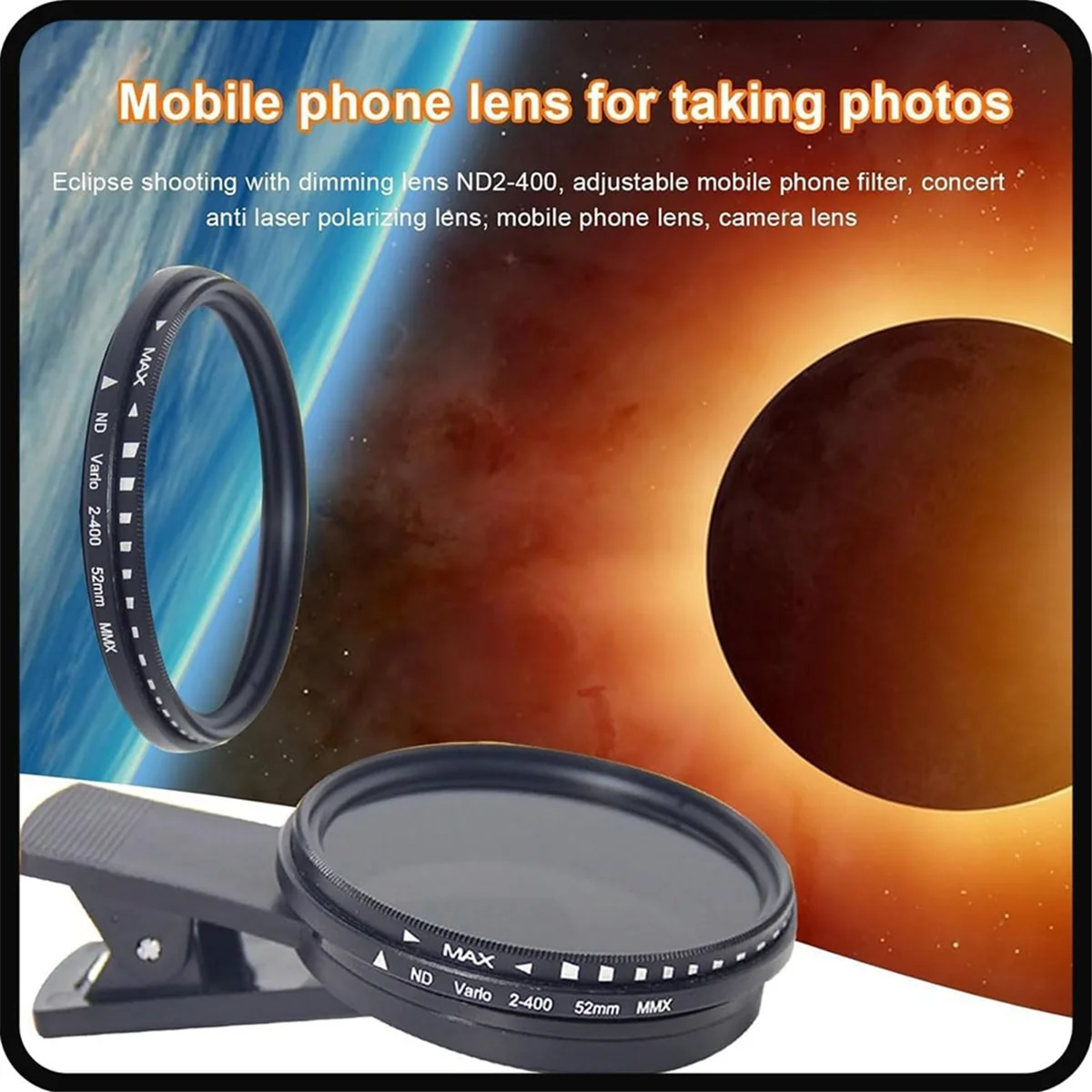 1 Set Solar Eclipse Phone Filter 52mm Camera Lens Filter ND 2-400 Smartphone Lens Filter with Clip Lens Cap