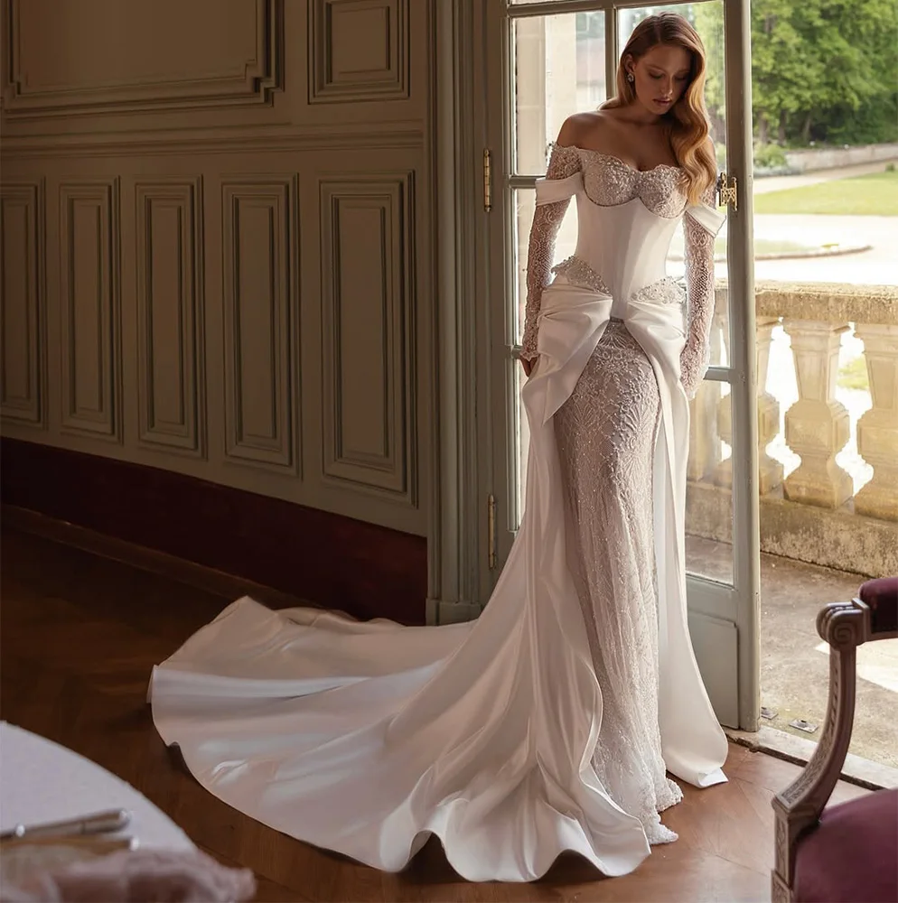 

Long Sleeves Sweetheart Wedding Dress Graceful Mermaid Customized Vestido De Novia Exquisite Appliques Lace Robe de mariée