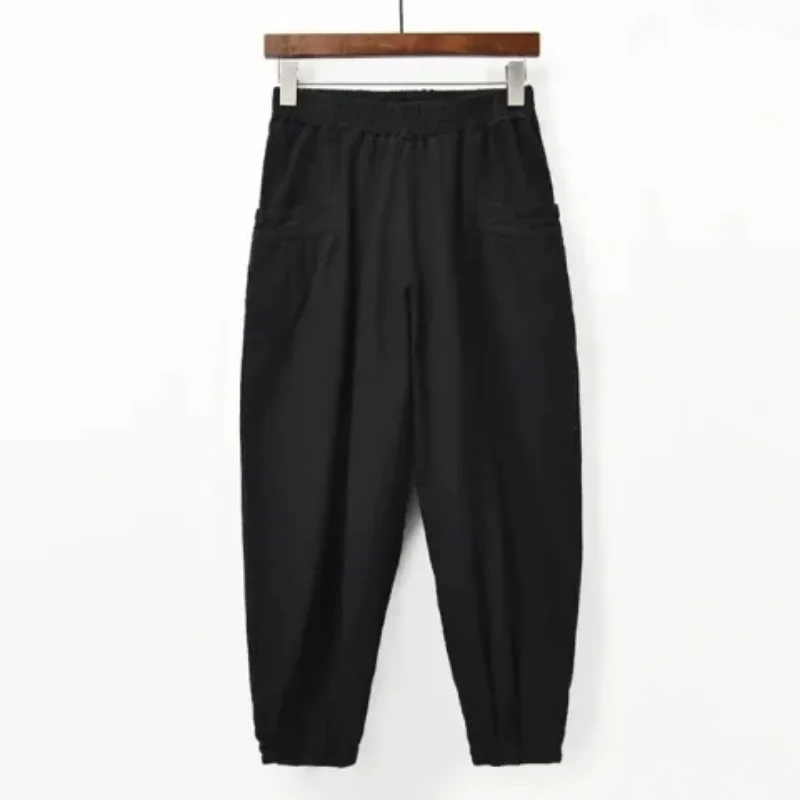 Summer Women's 2024 High Waist Elastic Spliced Pocket Folds Fashion Solid Color Radish Harlan Cotton and Hemp Crop Lantern Pants