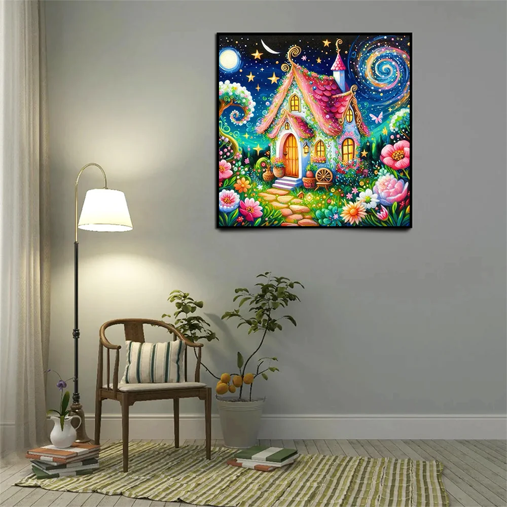 HUACAN Diamond Mosaic 5D House Full Square Round Flower Starry Sky Painting Rhinestones Complete Kit Bedroom Decoration