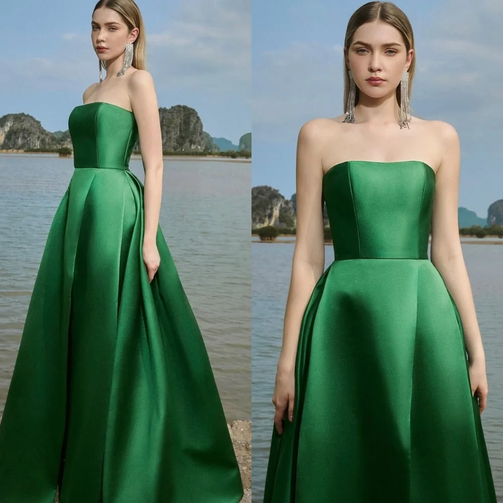 

Customized Simple Green Strapless Sleeveless Evening Dress High Quality Satin Prom Dresses Delicate Bespoke Occasion Gowns