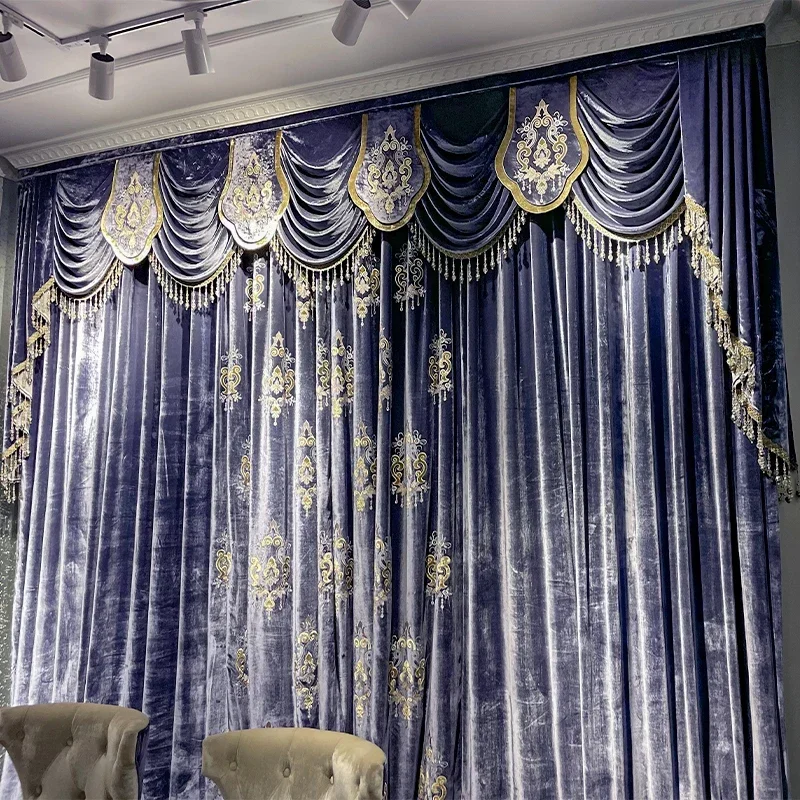 Purple High-grade Embroidery Velvet Splicing Thickened Blackout Curtains For Living Room Bedroom French Custom Window Screen