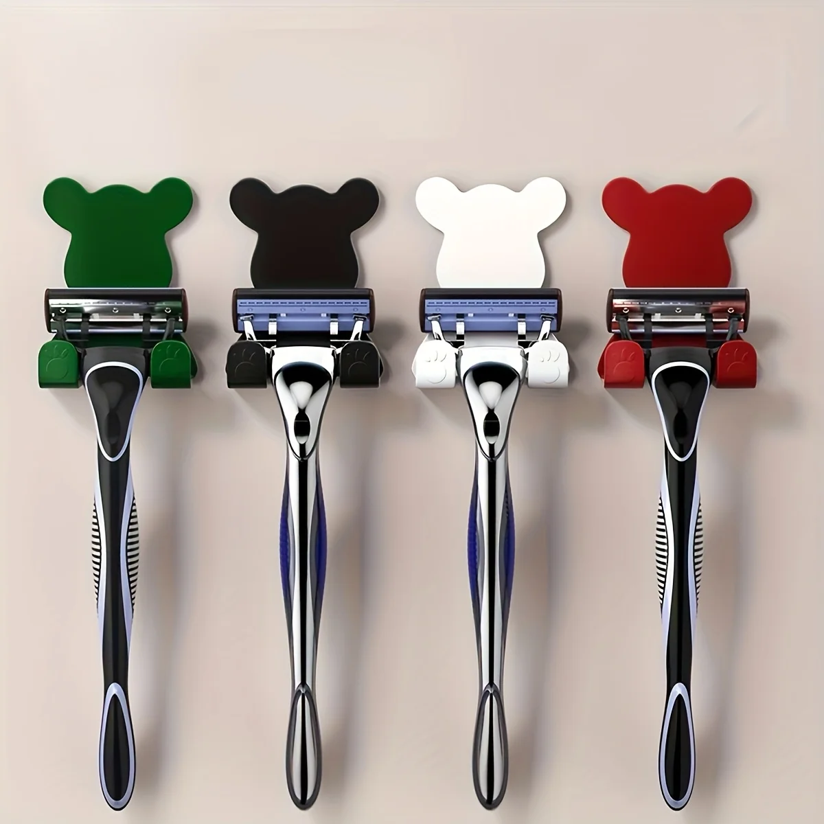 4 Cute Plastic Bear-Shaped Adhesive Razor Holders - No Drilling Required, Perfect for Kitchen And Bathroom Walls
